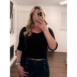 Nicki Minaj Black Crop Top With Studded Sleeves 3/4 Roll-Up Sleeves Size M